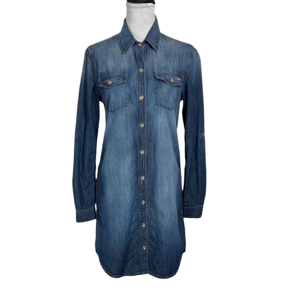 Y2K Juicy Couture Gold Button Front Denim Shirt Dress Size 2 Silk Blend USA Made